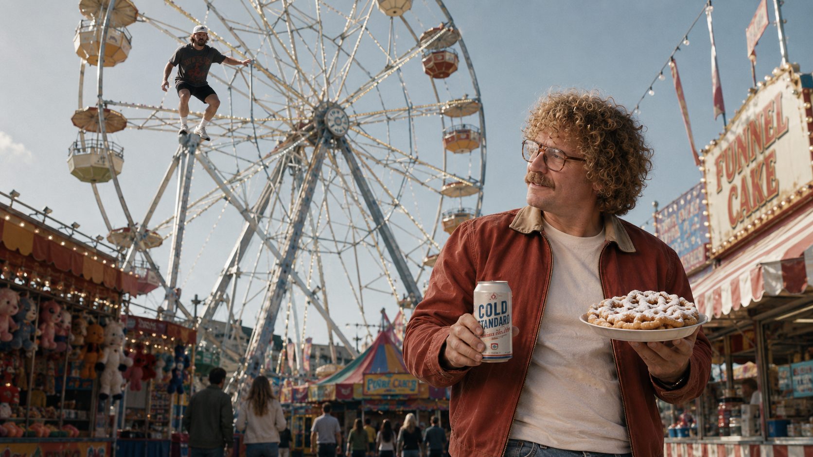 Dan up on the Ferris wheel, Lindy with funnel cake