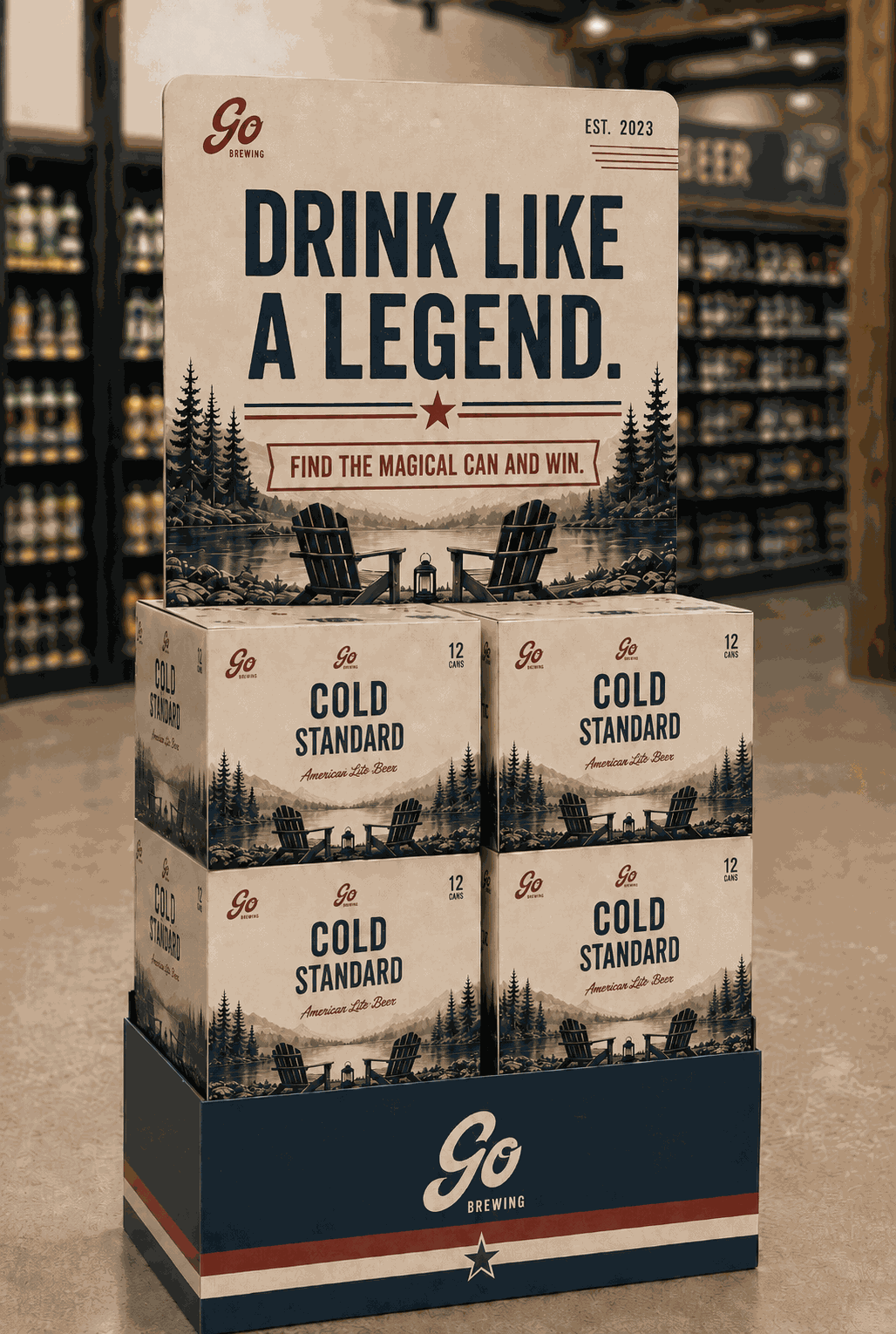 Cold Standard floor display in store: Drink like a legend, find the magical can and win